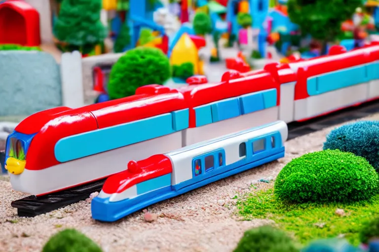 Prompt: fisher price monorail through theme park in albania, in 2 0 1 5, perfect focus, scene from tv show hyper detailed 5 5 mm 8 5 mm, toy photography, made out of plastic