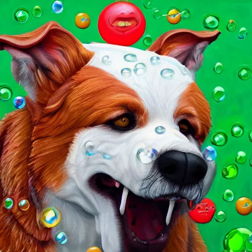 Image similar to high detail oil painting of a rabid dog, rabies, foam, bubbles made of emoji faces, trending on artstation