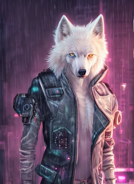 Image similar to character portrait of a male anthro albino wolf fursona with a tail and a cute beautiful attractive detailed furry face wearing stylish cyberpunk clothes in a cyberpunk city at night while it rains. hidari, color page, tankoban, 4K, tone mapping, Akihiko Yoshida. Nomax, Kenket, Rukis. comic book style, photorealistic, professional lighting, hyperdetailed, high resolution, high quality, dramatic, deviantart, artstation, 4k, real photo