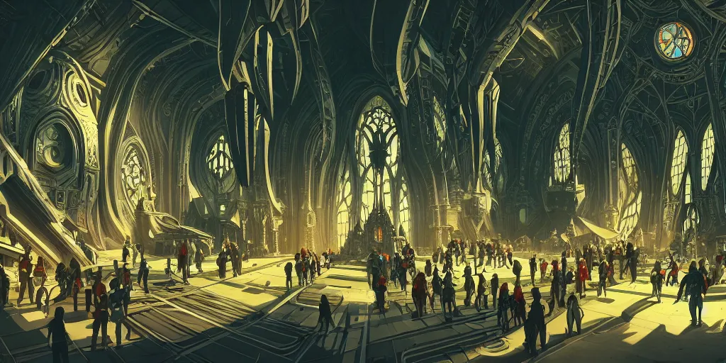 Image similar to cel shaded cinematic shot of the interior of a sci-fi space station with ornate Elven architecture bustling with people and flying cars, epic castle, gothic architecture, emerald, crystalline, detailed illustration, sharp focus, concept art