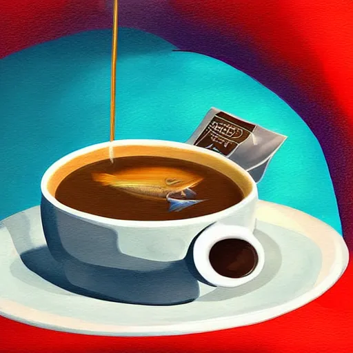 Image similar to a digital painting of a real fish drinking coffee