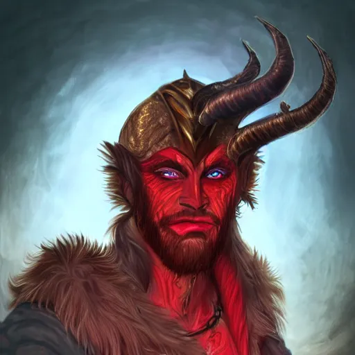 Image similar to dnd style portrait of a tiefling, male, red scales, red skin, a big black beard, completely golden eyes, 2 black ram horns growing out of his forehead,