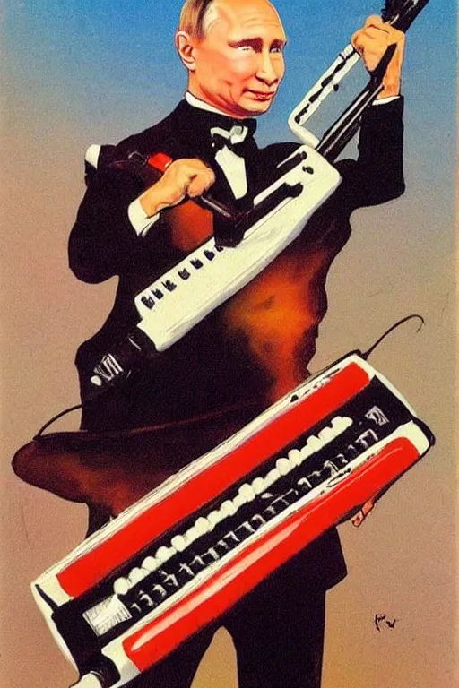 Image similar to Vladimur Putin rocking the Keytar in the style of Frank Frazetta