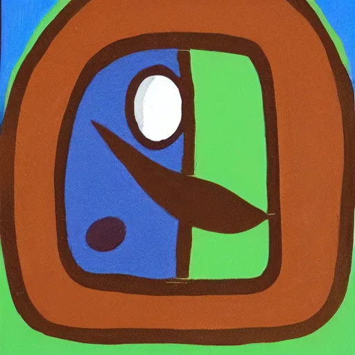 Image similar to a short brown creature with a rounded head and flat sides, mouth open with spiky teeth showing, nostrils but no nose, green carpet, blue painted wall, acrylic on canvas