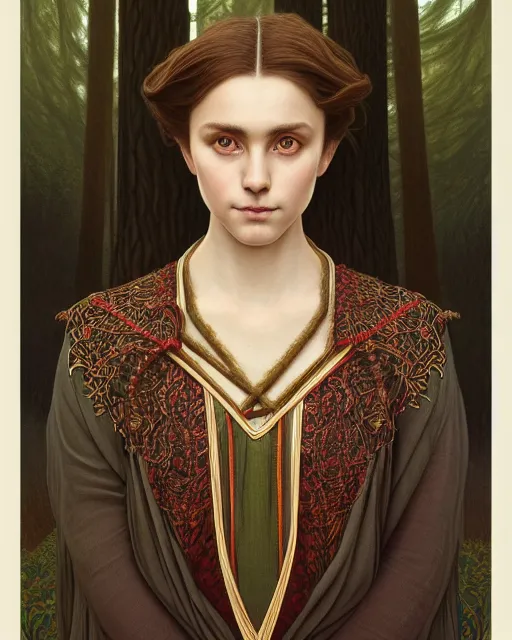 Image similar to symmetry portrait of welsh brunette student in mans tunic, embroidery, tomboy, short hair, intricate forest background, intricate, elegant, highly detailed, digital painting, artstation, concept art, smooth, sharp focus, illustration, art by artgerm and greg rutkowski and fra angelico and alphons mucha