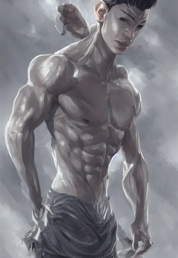 Image similar to a cute calm handsome young adult male muscular slim blu skin elf with grey light tight clothes concept art in the style of lee bermejo and greg rutkowski