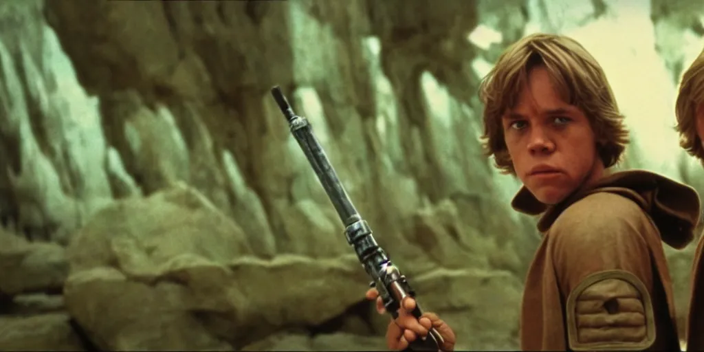 Image similar to screenshot of Luke Skywalker discovers a lost jedi Temple, 1970s sci fi film by Stanely Kubrick film, color kodak, Ektachrome, anamorphic lenses, detailed faces, hyper-realistic, photoreal, detailed portrait, moody cinematography, strange lighting
