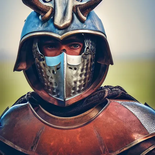 Image similar to a head and shoulders action portrait photo of a knight in a stag - themed helmet