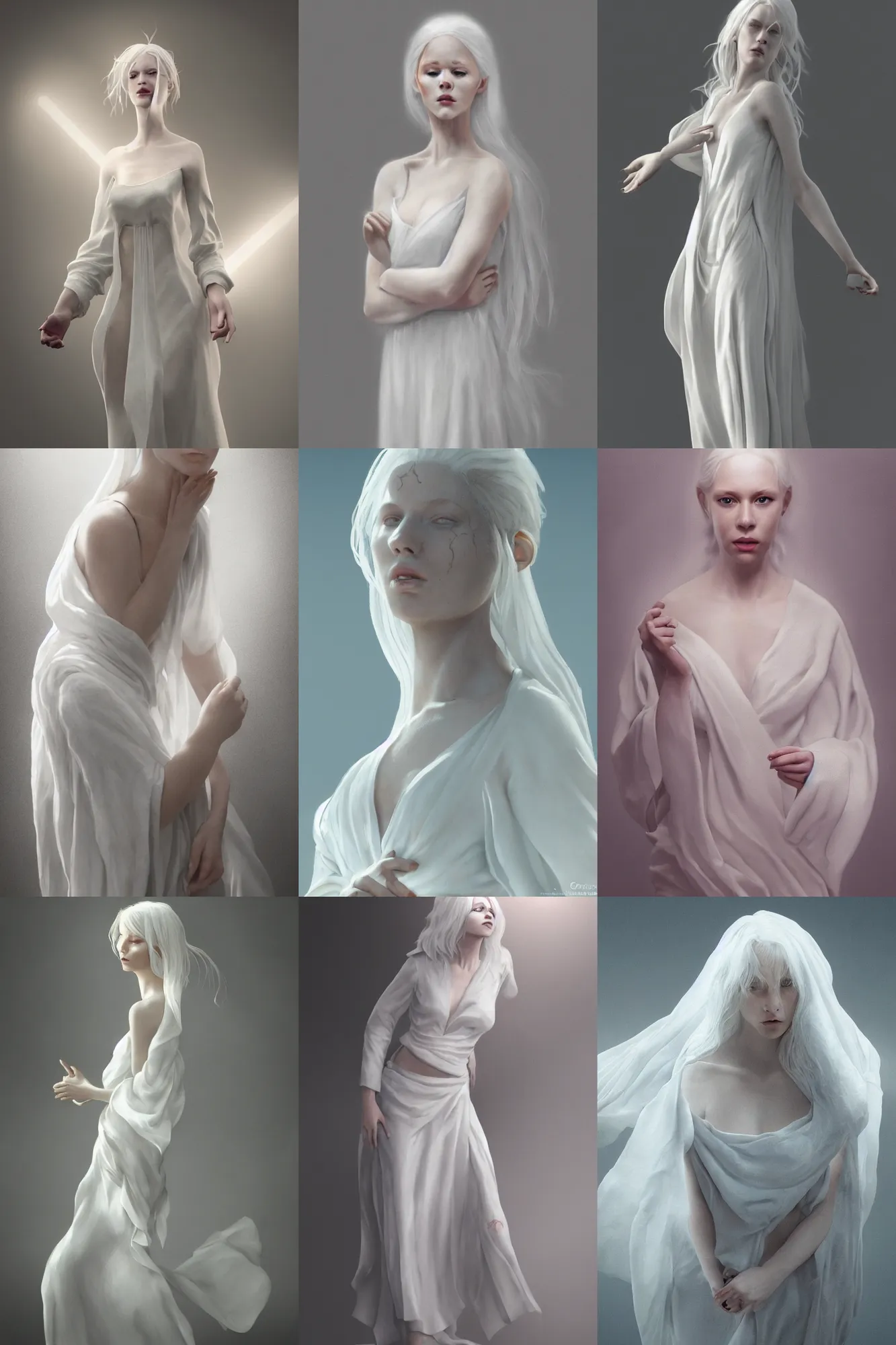 Prompt: A beautiful albino woman with long white, wearing a white flowy fabric, porcelain skin, cinematic lighting, photo realistic, highly detailed, 3D, octane render, digital painting, artstation, concept art, sharp focus, illustration, by greg rutkowski