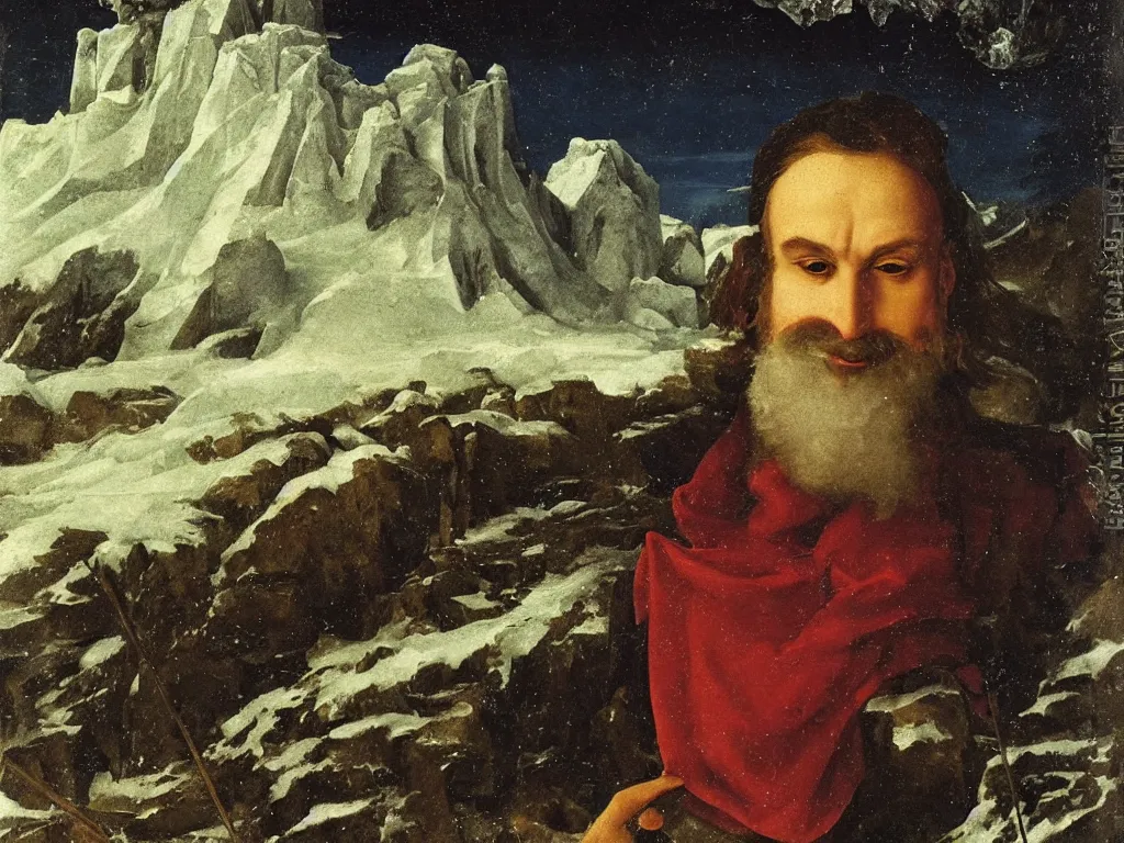 Image similar to Close up of a dreamy man, frozen, with icicles in his beard. Landscape with snowstorm, forlorn rocks, icicles, crooked forest, dark clouds, snowcapped mountains in the background. Painting by Lorenzo Lotto.