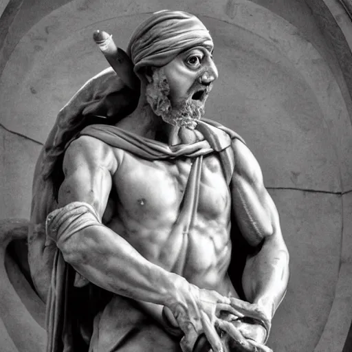 Image similar to donatello of the teenage mutant ninja turtles as a sculpture from the renaissance artist michelangelo, made of white marble, high details, cinematic, dramatic lighting, photorealistic