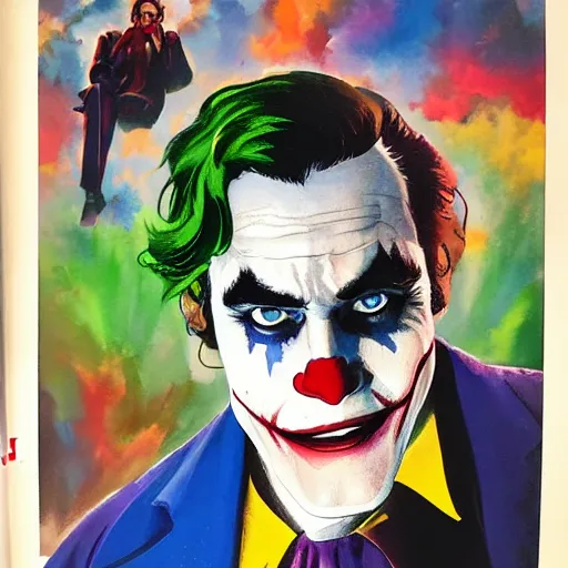 Image similar to photorealistic picture, comic cover by bob peak and alex ross about joaquin phoenix joker, gouache and wash paints, fine details, fine intricate, fine facial proportionate, fine body proportionate, smooth sharp focus, sharp focus
