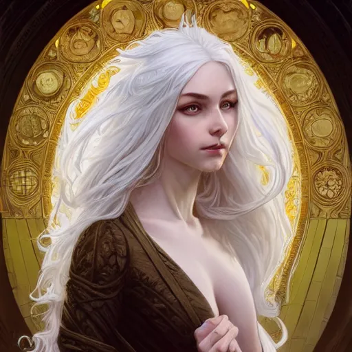 Image similar to god and goddess, white hair, long hair, gorgeous, amazing, elegant, intricate, highly detailed, digital painting, artstation, concept art, sharp focus, illustration, art by artgerm and greg rutkowski and alphonse mucha