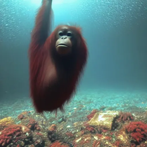 Image similar to deep sea footage of an orangutan captured by an rov, underwater photograph