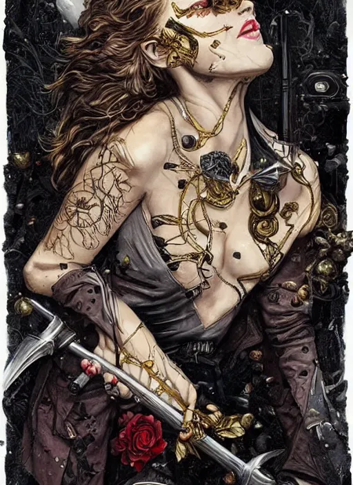 Image similar to tarot card :: horror :: vampires and draculas :: hearts and roses :: gold and silver :: guns and swords :: side profile :: highly details :: intricate details :: Sandra Chevrier and bastien lecouffe deharme