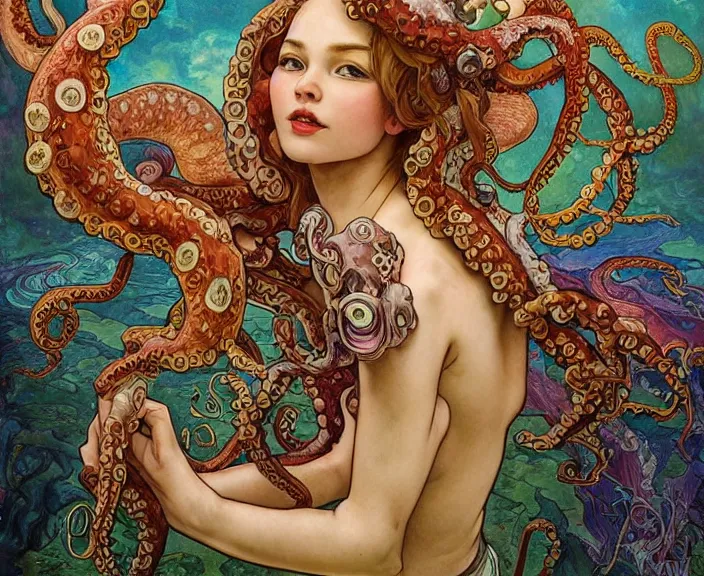 Prompt: portrait of an octopus themed wiman, full body shot, rule of thirds, amazing landscape in background, fantasy, whimsical, horror, art by riot games and chengwei pan and josephine wall and amanda sage and alphonse mucha, intricately detailed, highly detailed, luxurious, elegant, clean, unsettling, trending on artstation