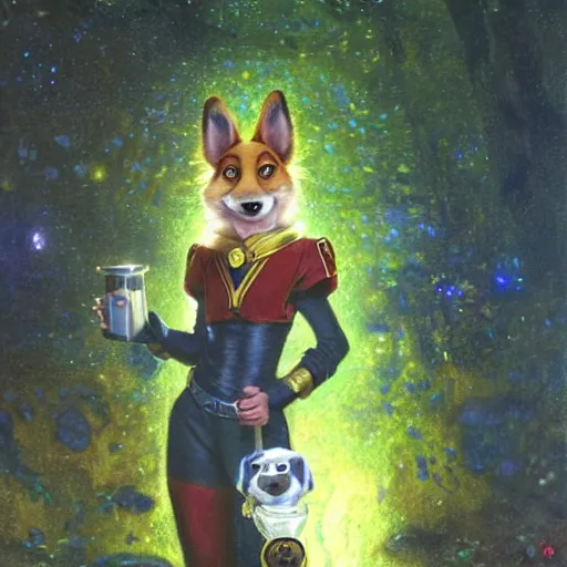 Prompt: a female dog dogwoman canine in starfleet uniform at night in a dark forest. zootopia fursona furaffinity furry art detailed face painting by gaston bussiere craig mullins jc leyendecker gustav klimt artgerm greg rutkowski furry