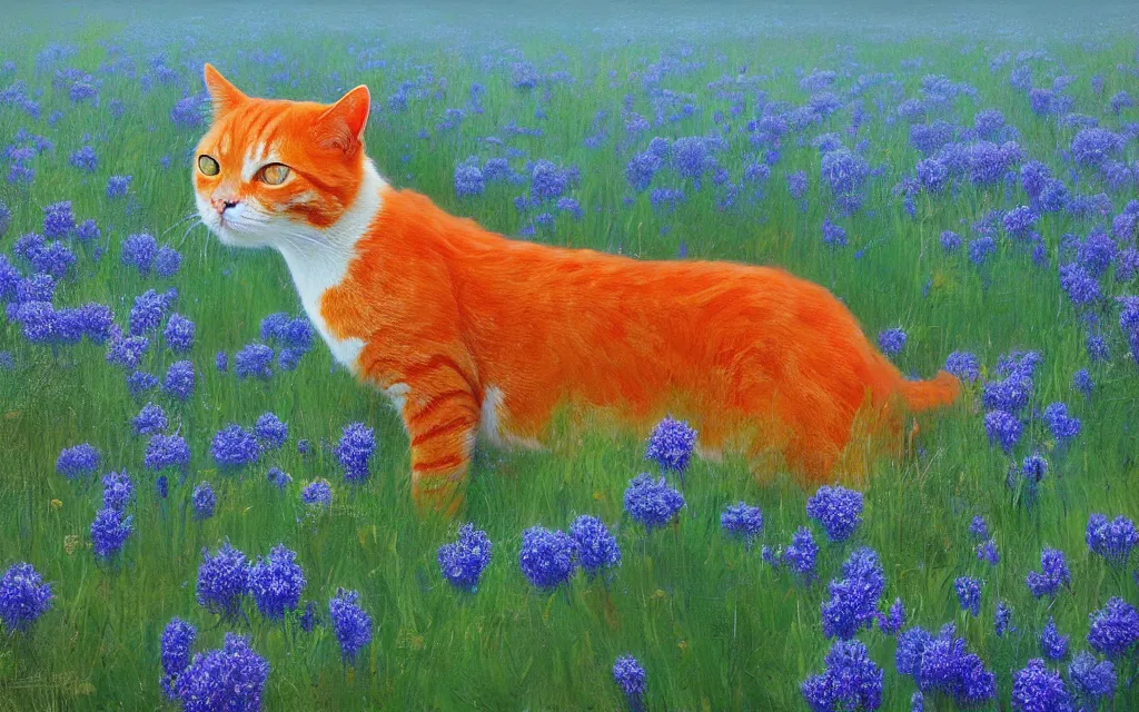 Prompt: an orange cat in a field of turquoise blue flowers, highly detailed, artstation, concept art, smooth, sharp focus, by julius adam ii and ruan jia