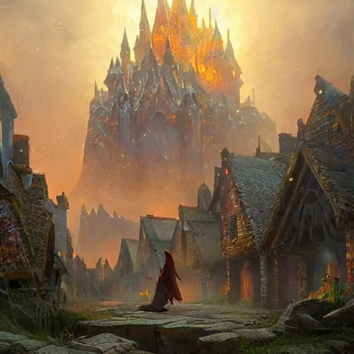 Prompt: wizard casting a powerful spell on a village, beautiful composition, wide angle, colorful, cinematic, volumetric lighting, intricate details painting, by art germ, by greg rutkowski