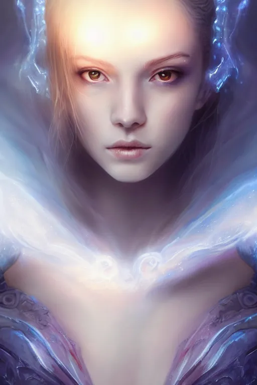 Image similar to a photographic portrait of an attractive young girl, partially clothed in ethereal armor, surrounded by faint whisps of plasma, emitting psychic powers, beautiful bone structure, perfectly proportioned face, perfect eyes, intricate, elegant, highly detailed, hyper detailed, trending on tumblr, by artgerm, by loish, fantasy scene, fantasy aesthetic, trending on Artstation