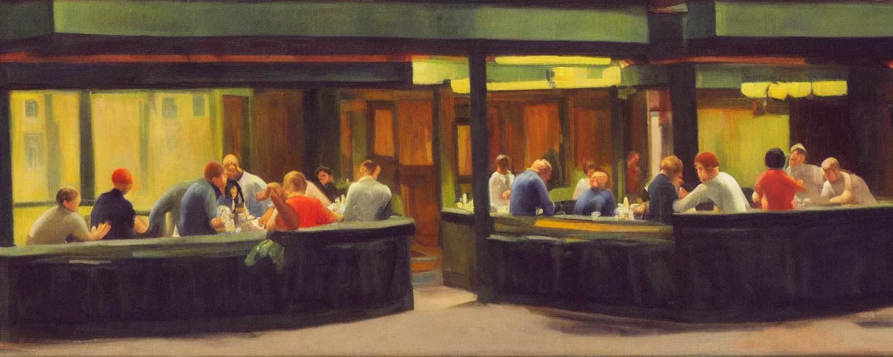 Prompt: a lively group of beer lovers drinking at a pub in the city next to a local park, picture in the style of edward hopper, clear faces