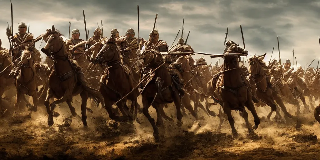 Image similar to mid action shot cinematic artwork of a battle scene as cavalry charge on horseback into a spartan army in phalanx formation, battlefield scene by greg rutowski, masterpiece, 4 k