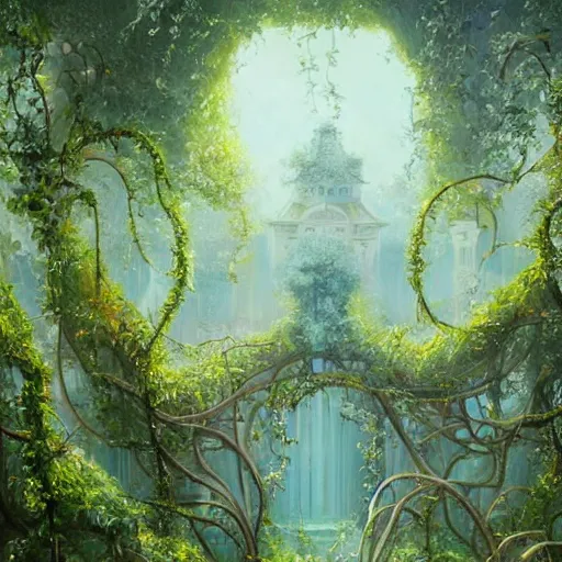 Prompt: dreamy landscape in an ornate baroque aya takano-inspired dream palace sparkle courtyard overgrown with vines, surrounded by cute forest scenery with various futuristic exobiome-related buildings, beautiful surrealism oil painting, trending on artstation