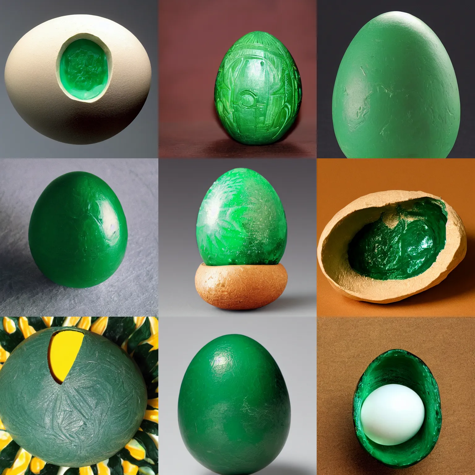 Prompt: an egg carved out of emerald
