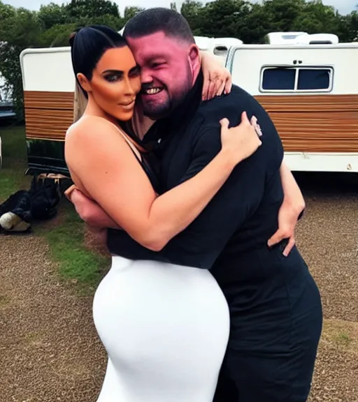 Image similar to Irish Joe Joyce hugging kim kardashian at a caravan site