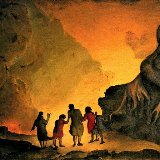 Prompt: panicking family hugging under pompeii lava, sunset, expressionism goya style