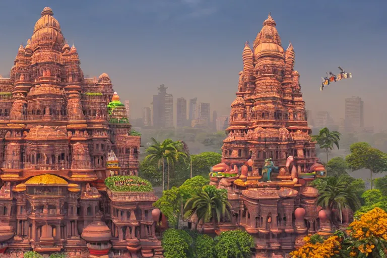 Image similar to high quality 3 d dreamscape! mumbai with biomorphic hanuman!! head building, kalighat highly detailed, unreal engine cinematic smooth, stephen shore & john j. park, soft morning light, wide shot, high angle, uhd 8 k, deep focus