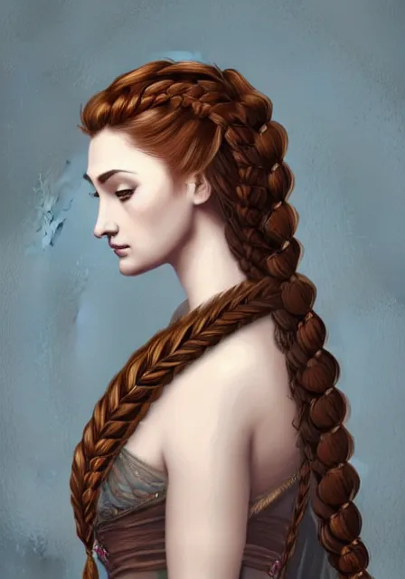 Prompt: sansa portrait in profile with a complex hairstyle with lots of braids and flowers, intricate, elegant, highly detailed, digital painting, artstation, concept art, smooth, sharp focus, illustration, pre - raphaelite style