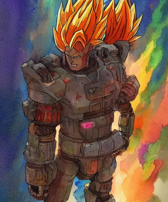 Image similar to a watercolor painting full body character portrait of a cyborg super saiyan warrior / soldier in the style of moebius in the style of cyberpunk trending on artstation deviantart pinterest detailed realistic hd 8 k high resolution