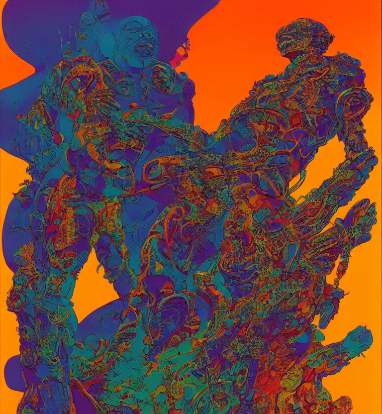 Prompt: colourful biomorphic temple, jimi hendrix full body, by pascal blanche and moebius and roger dean and syd mead and james jean and beksinski and greg hildebrandt, 8 k