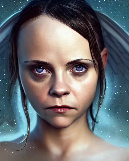 Prompt: Full potrait of christina Ricci as an angel, hyper realistic, prismatic highlights, atmosphere, gorgeous, depth of field, cinematic, macro, concept art, 50mm, artstation, wlop, elegant, epic, weta digital, focus, octane render, v-ray, 8k, kodak portra, art by Liberatore