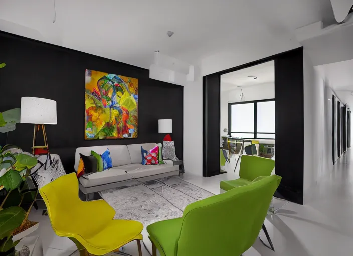 Prompt: 8 k photograph of stunning 2 0 2 2 wynwood studio apartment, colorful award winning design, designed by michael wolk + deborah dimare