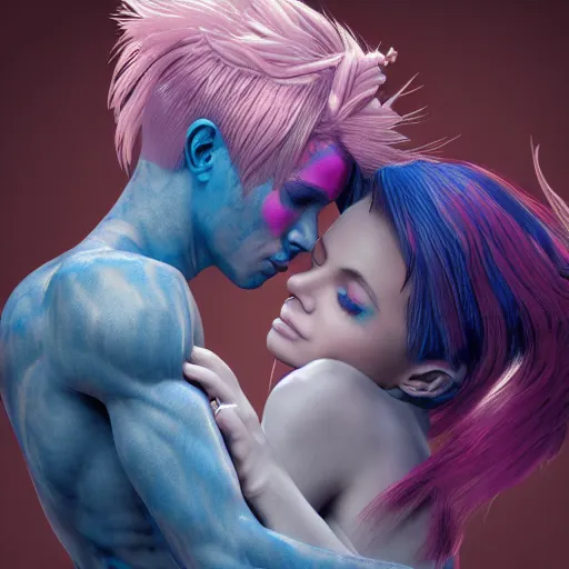 Prompt: fierce warrior mage kissing warrior angel with pink hair, blue piercing eyes, mystery, beautiful aesthetic, by james jean, trending on artstation, digital art, octane render, 8 k, ultra realistic