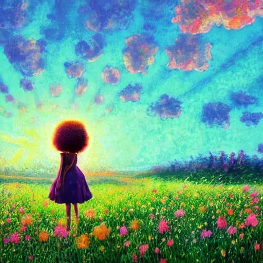 Image similar to big flower afro, full body, girl standing in the middle of a field with flowers, surreal photography, hills, sunrise dramatic light, impressionist painting, colorful clouds, digital painting, pointillism, artstation, simon stalenhag