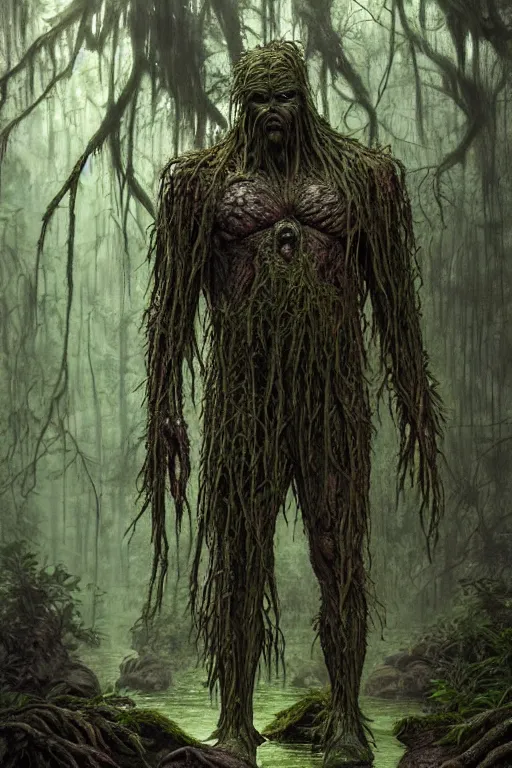 Image similar to realistic photo of the swamp thing, through the creepy forest, on the way lies a rotting corpse among the rocks. and he takes it in his hands. deep focus, intricate, elegant, highly detailed, digital painting, station art, concept art, matte, sharp focus, illustration, art by artgerm and greg rutkowski and alphonse mucha