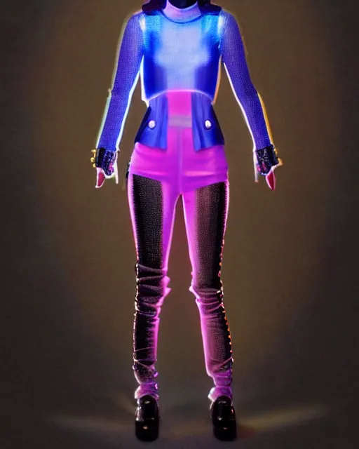 Prompt: full body shot of young punk woman dressed in futuristic cyberpunk clothing, colorful, night, soft light, bjork aesthetic, translucent, by rineke dijkstra and artgerm, intricate details, highly detailed, masterpiece, 8 5 mm