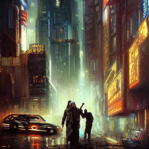 Prompt: a man stealing another man's dreams, cyberpunk, painted by howard david johnson and james gurney