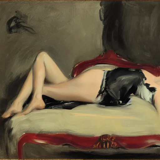 Image similar to an initimate portrait of Brooke Sheilds laying on a couch by the artist John Sargent