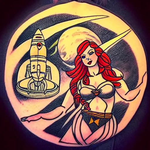 Image similar to old school, traditional style tattoo sketch of beautiful redhead girl, full body portrait in space riding a rocket, in front of jupiter planet with its moons drawn by sailor jerry, vic james, electric martina, heath clifford, kimi vera