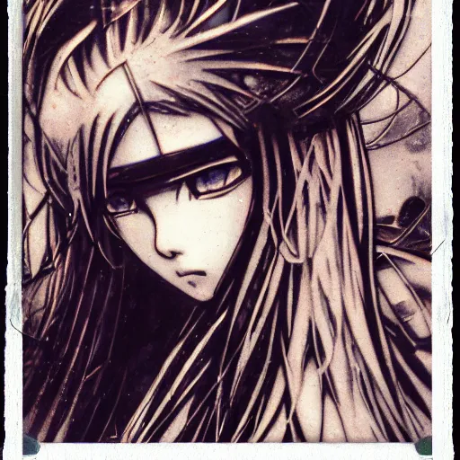 Prompt: yoshitaka amano realistic three quarter angle illustration of an anime girl with black eyes, wavy white hair fluttering in the wind and cracks on her face wearing elden ring armour with engraving, abstract black and white patterns on the background, noisy film grain effect, highly detailed, renaissance oil painting, weird portrait angle, blurred and dreamy polaroid photo