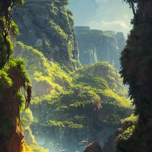 Image similar to painting of a lush natural scene on an alien planet by greg rutkowski. beautiful landscape. weird vegetation. cliffs and water.
