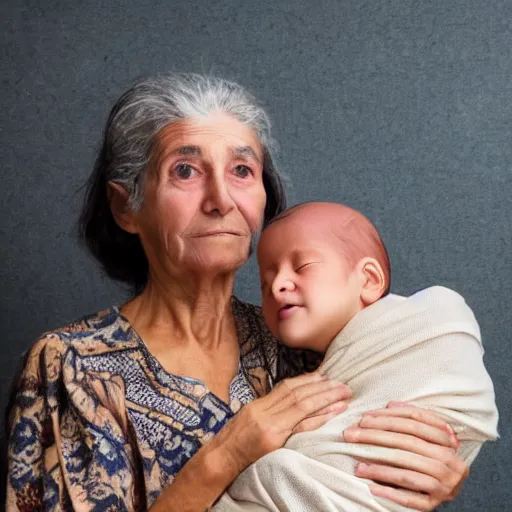 Image similar to 80 year old sentimental Mediterranean skinned woman in ancient Canaanite clothing holding a newborn baby, in the style of Corporate Memphis Alegria style