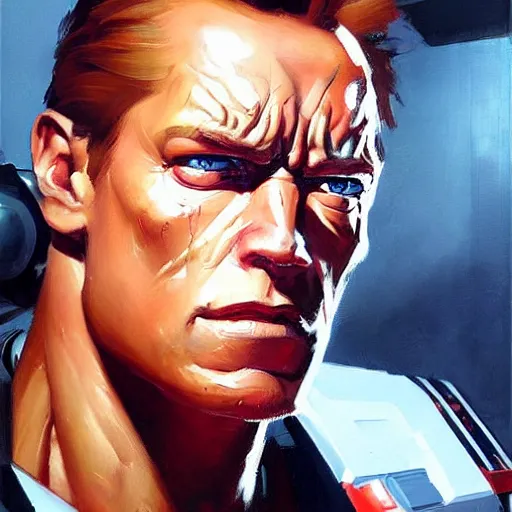 Image similar to greg manchess portrait painting of the terminator as overwatch character, aesthetic, medium shot, asymmetrical, profile picture, organic painting, sunny day, matte painting, bold shapes, hard edges, street art, trending on artstation, by huang guangjian and gil elvgren and sachin teng