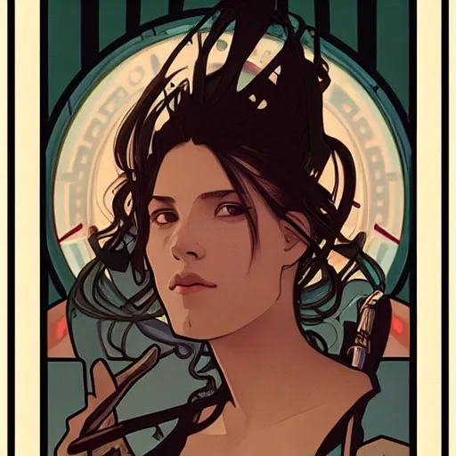 Prompt: a beautiful portrait of a space bounty hunter by Alphonse Mucha trending on Artstation