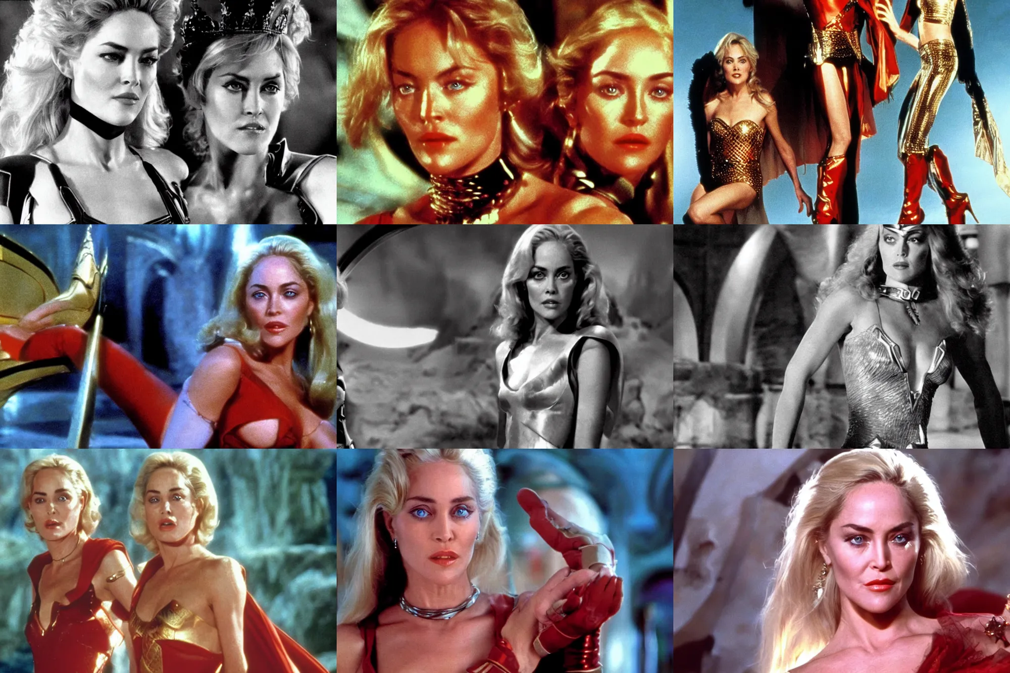 Prompt: a young Sharon Stone combined with Caroline Munroe as Princess Aura in Flash Gordon 1980, film still