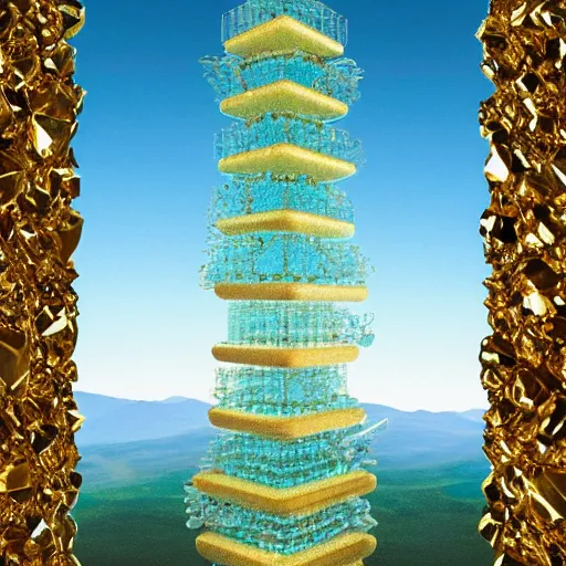 Prompt: a river of gold snaking up a crystal tower, teal sky